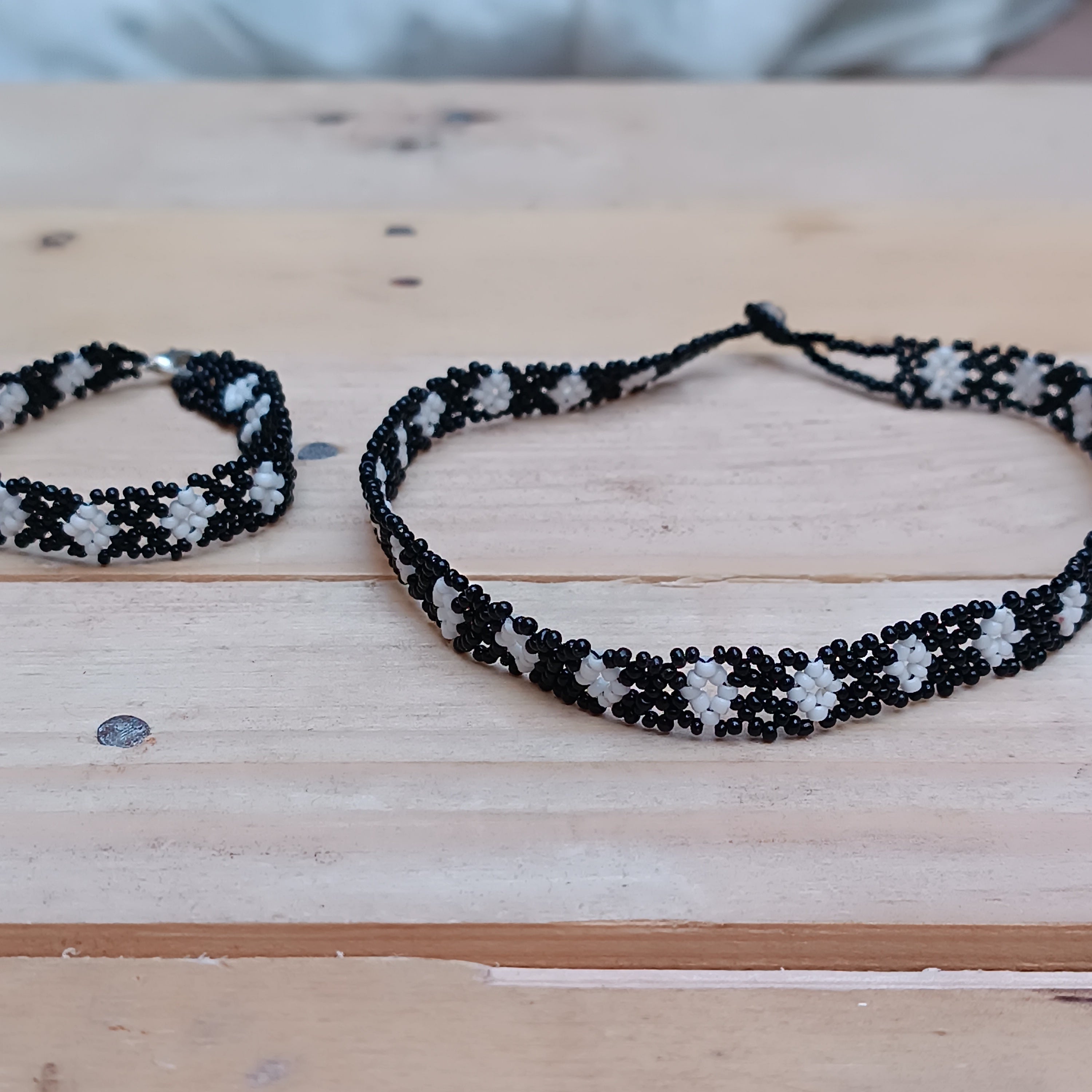 Handmade Black & White Beaded Necklace and Bracelet Set – Moroccan Jewelry