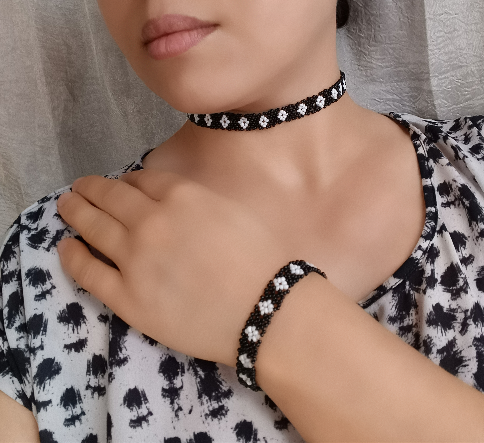 Handmade Black & White Beaded Necklace and Bracelet Set – Moroccan Jewelry