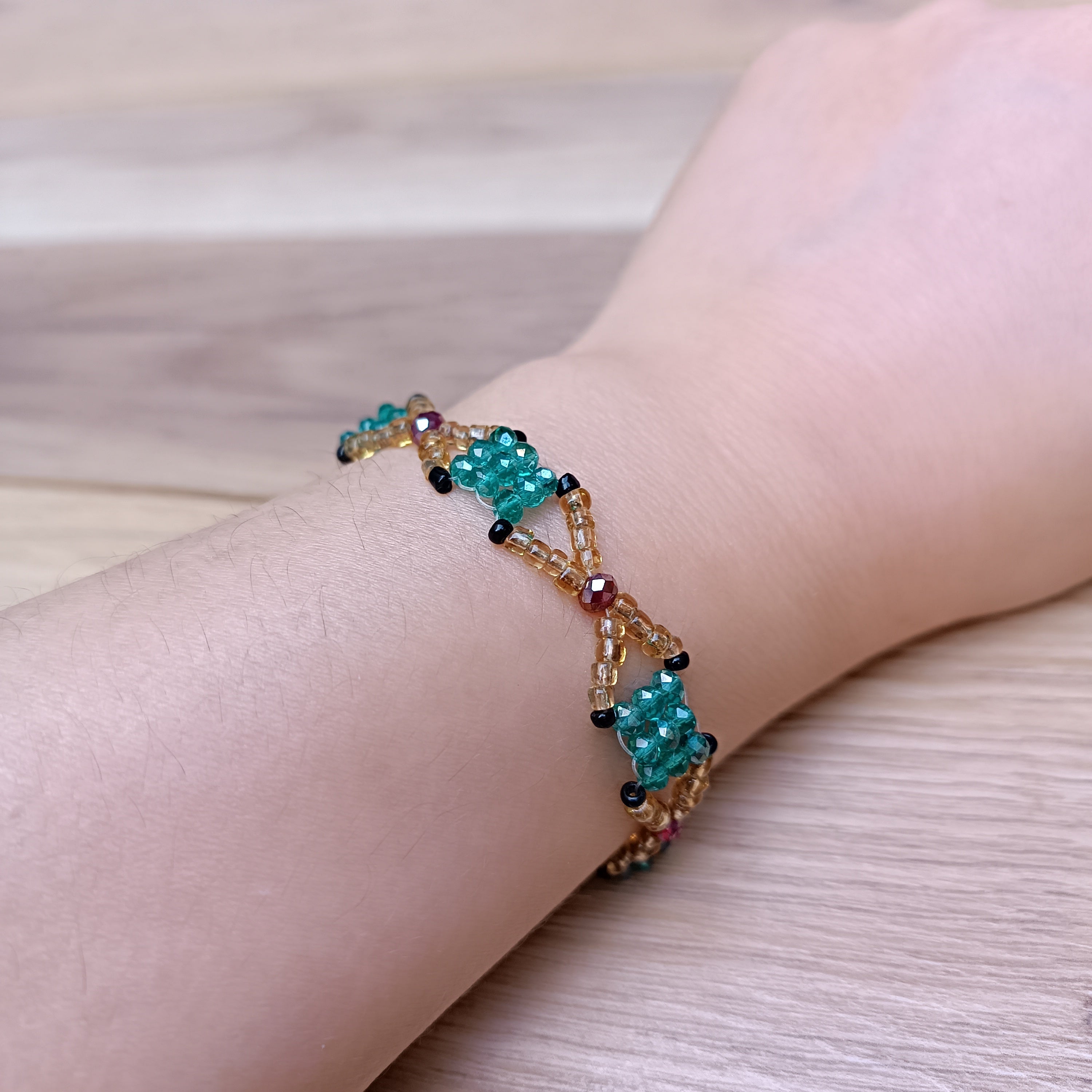 Handmade Bracelet with Emerald Green & Golden Glass Beads
