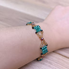 Handmade Bracelet with Emerald Green & Golden Glass Beads