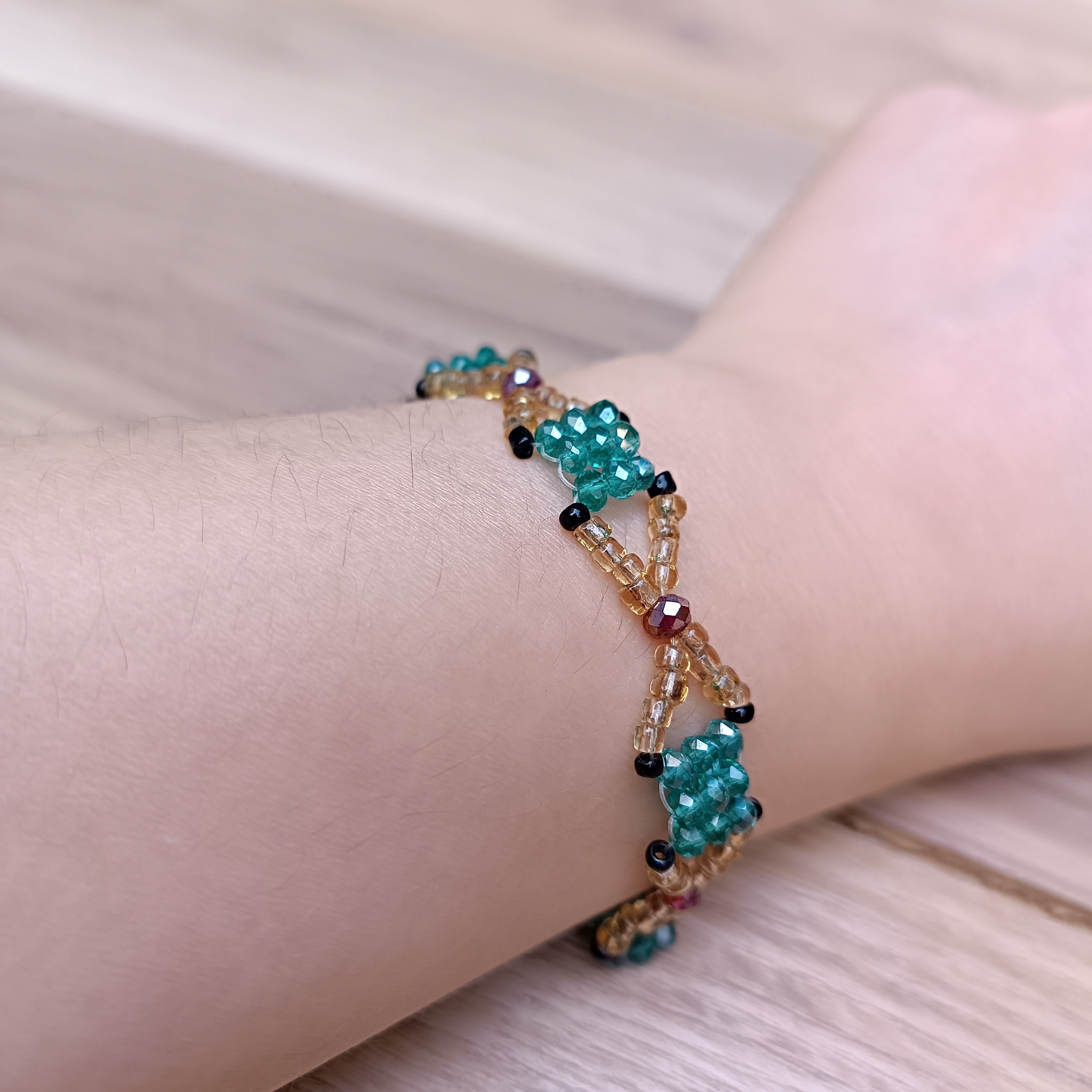 Handmade Bracelet with Emerald Green & Golden Glass Beads